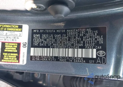 2015 Toyota Corolla Le z USA, uszkodzony, nr VIN 2T1BURHE6FC433046